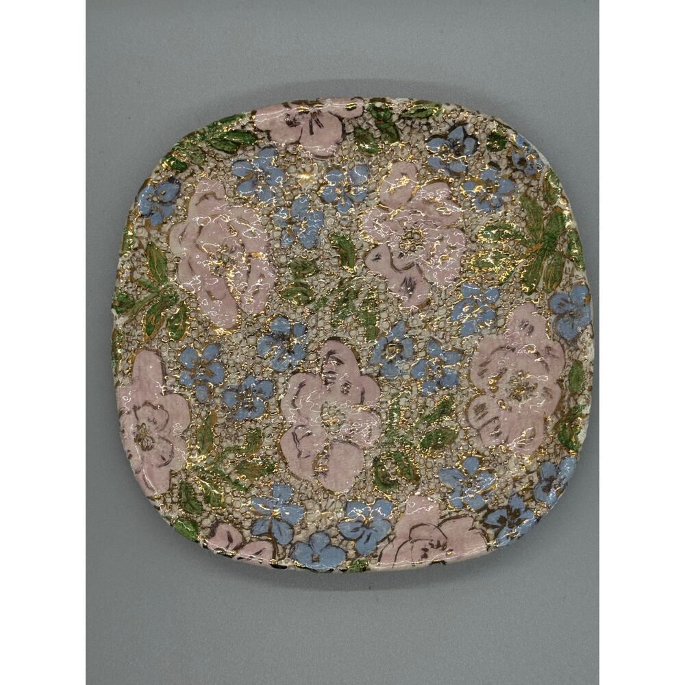 Signed Pottery Bay View 5” Plate Gold Raised Paint with Pink and Blue Flowers